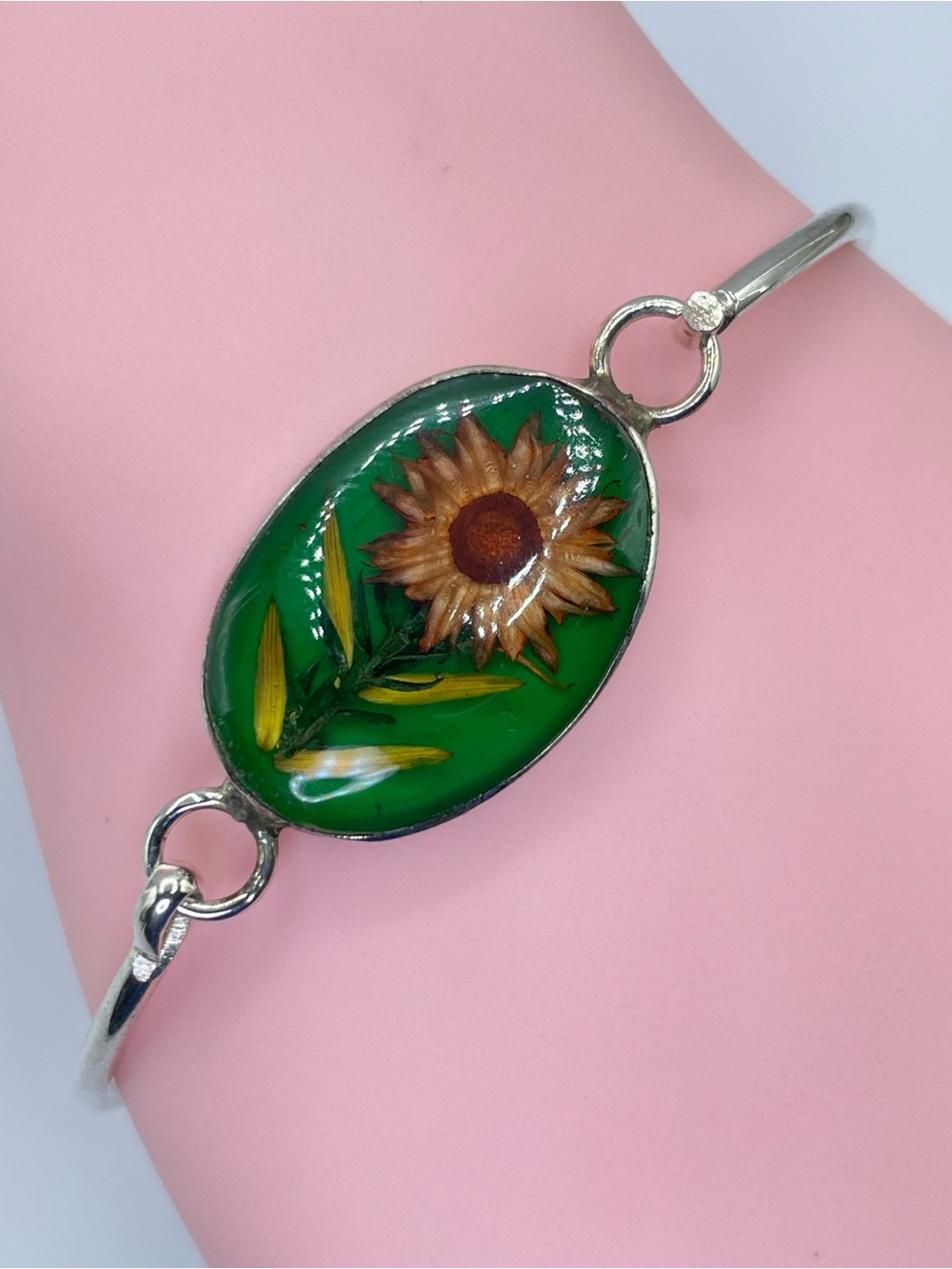 Vintage Taxco Mexico Silver Tone Resin Sunflower Floral Bangle Bracelet Boho